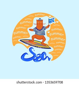 Surfer ginger cat.  Sailor on the board. Funny vector illustration. Sea traveler.