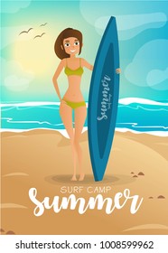 Surfer girl at the beach vector illustration. Cartoon character. Healthy and fitness.  EPS 10 vector