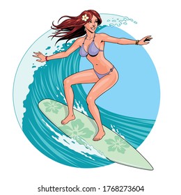 Surfer girl in bikini riding a surfboard, catching a ocean wave. Vector illustration.
