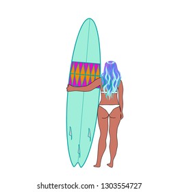 Surfer girl with blue hair holding surf board