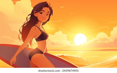 Surfer girl with board on a beach. Beautiful young woman at magical sunset or sunrise. Ocean and waves. Healthy active lifestyle. Surfing. Extreme sports. Summer vacation. Cartoon vector illustration