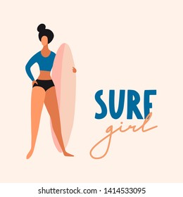 Surfer girl with board for surfing in the sea. Cute cartoon flat people in vector. Beach summer travel lifestyle illustration for card, print or poster. Sport fitness concept. Young woman characters