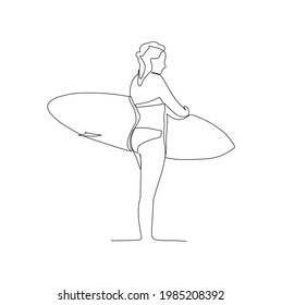 Surfer girl carrying surfboard and looking towards water - continuous one line drawing