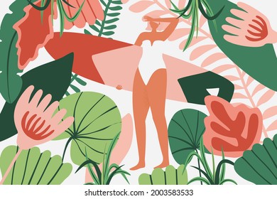 Surfer girl character in bikini with a surfboard in jungle. Surfing summer background illustration for printing on a T shirt, postcard, pillow, poster, textile and more. Vector illustration. 