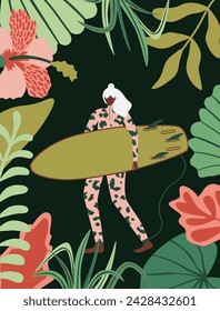 Surfer girl character in Neoprene in jungle forest. Summer beach surfing background. Vector illustration for cover, postcard, t shirt, poster. 