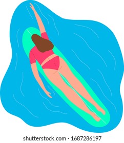 Surfer girl character in a red swimsuit swimming on the surfboard top view. Vector illustration in flat cartoon style