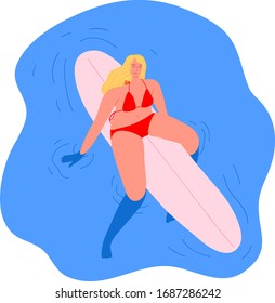 Surfer girl character in a red swimsuit riding sitting on a surfboard. Vector illustration in flat cartoon style