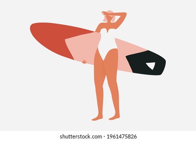 Surfer girl character in retro bikini with a surfboard. Summer illustration for printing on a T shirt, postcard, pillow, poster, textile and more. Vector illustration in hand drawn style. 