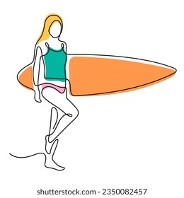 Surfer girl continuous line colourful vector illustration
