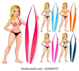 Surfer girl in different colors. Vector isolated characters.
