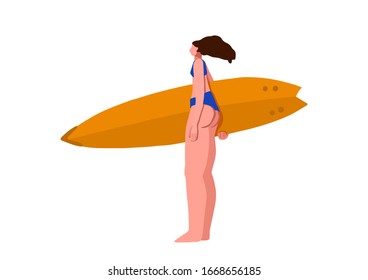 Surfer girl in flat style isolated on white background. Vector simple illustration. Woman with a surf board in hands. A young tanned girl with long flowing hair in a swimsuit for surfing. Water sport.