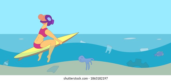 Surfer Girl In Gas Mask Floats On Surfboard On Polluted Ocean. Dead Sea Animals, Non-degradable Plastic, Bags, Bottles, Tires At Bottom. Horizontal Banner Poster. Copy Space. Vector Flat Illustration