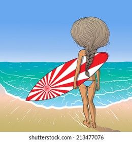 Surfer girl hand drawn, vector illustration