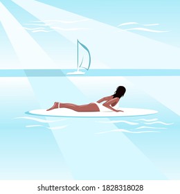  A surfer girl is lying on a board waiting for a wave. Vector illustration.