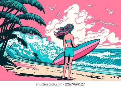 Chica surfista en la playa. Mujer con tabla de surf. Ilustración vectorial de dibujos animados