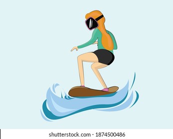 surfer girl on the blue water. water sport vector illustration