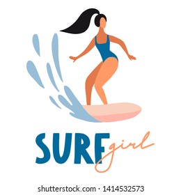 Surfer girl on boards catching waves in the sea. Cute cartoon flat people in vector. Beach summer travel lifestyle illustration for card, print or poster. Sport fitness concept. Young woman characters