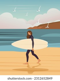 Surfermädchen am Meer mit Surfbrett vor dem Hintergrund einer Seeblick. Aktives Erholungskonzept, Poster, Vektorgrafik