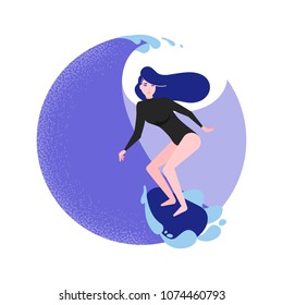 Surfer girl on wave in flat style. Cartoon character vector illustration. Concept of healthy and fitness lifestyle.