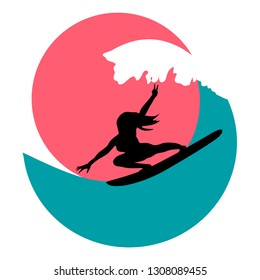 Surfer girl on wave minimal logo vector