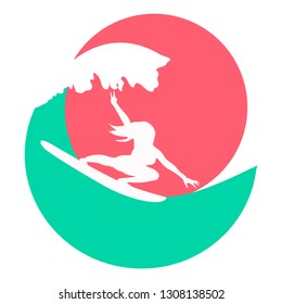 Surfer girl on wave minimal logo vector