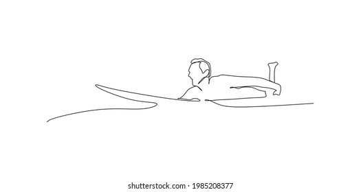 Surfer girl paddle for surf on surfboard. Man living healthy active water sports lifestyle on beach - continuous one line drawing