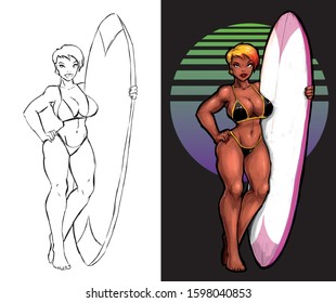 surfer girl with pin up board retro