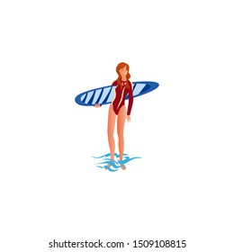 Surfer girl. Raster illustration in flat cartoon style