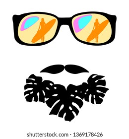 Surfer girl reflection in sunglasses of a bearded man vector concept art