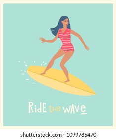 Surfer girl ride a surfboard, surfing on wave. Vector illustartion on flat stile