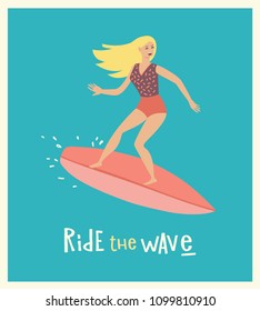Surfer girl ride a surfboard, surfing on wave. Vector illustartion on flat stile