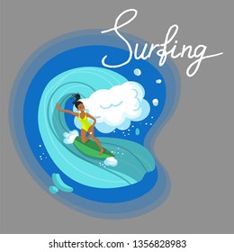 Surfer girl riding the sea waves vector image