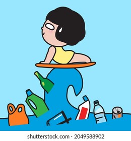 Surfer Girl Riding At Surfboard On Pollution Ocean Sea Wave. Plastic Trash, Garbage In Water. Toxic Dirty Sea, Environmental Problem Concept Card Character illustration