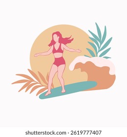 Surfer girl riding surfboard on wave with sun and tropical leaves. Summer vacation minimalist illustration. Ocean beach vibes. Sports lifestyle.