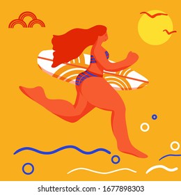 Surfer girl riding a surfboard. Vector illustration