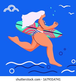 Surfer girl riding a surfboard. Vector illustration