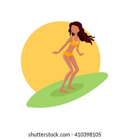 Surfer girl riding a surfboard. Vector illustration.