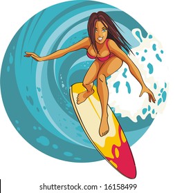 Surfer girl riding a wave