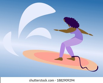 Surfer girl riding wave. Flat style. Vector illustration.