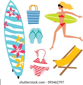Surfer girl running with surf and summer items. Summer set with flip flop, chair, beach, swim suit. vector illustration