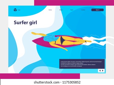 surfer girl, sailing on the sea. The view from the top.The main landing page of the website