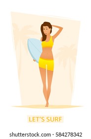 Surfer girl with surf board on the beach. Vector illustration of cartoon woman. Concept of summer vacation on the sea.