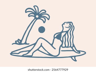 Surfer girl with surfboard and coconut tree enjoy sunset