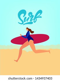 surfer girl with a surfboard on the beach - Vector. EPS 10