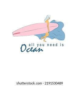 Surfer girl with surfboard on the beach. Summer banner. T-shirt design with motivational quotes