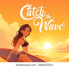 Surfer girl with surfboard on beach. Handwritten lettering Catch The Wave. Sunset. Ocean and waves. Healthy lifestyle. Surfing. Summer. Calligraphy for poster, postcard or banner. Cartoon illustration