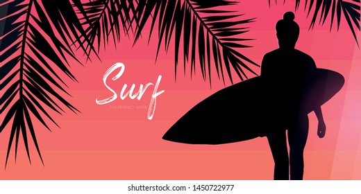 Surfer Girl with surfboard on colorful gradient background with palm leaves