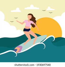 surfer girl surfboard riding wave