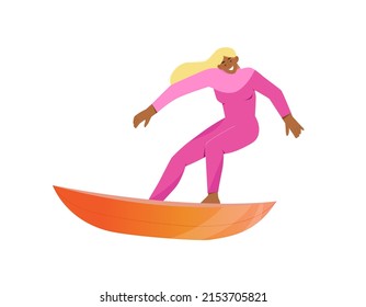Surfer girl with surfboard riding the waves. Isolated character on white background, flat vector illustration
