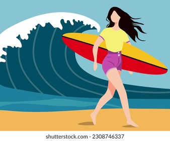 surfer girl with surfboard walking beach on sea wave background in shorts and yellow t-shirt summer concept design flat vector illustration minimalistic